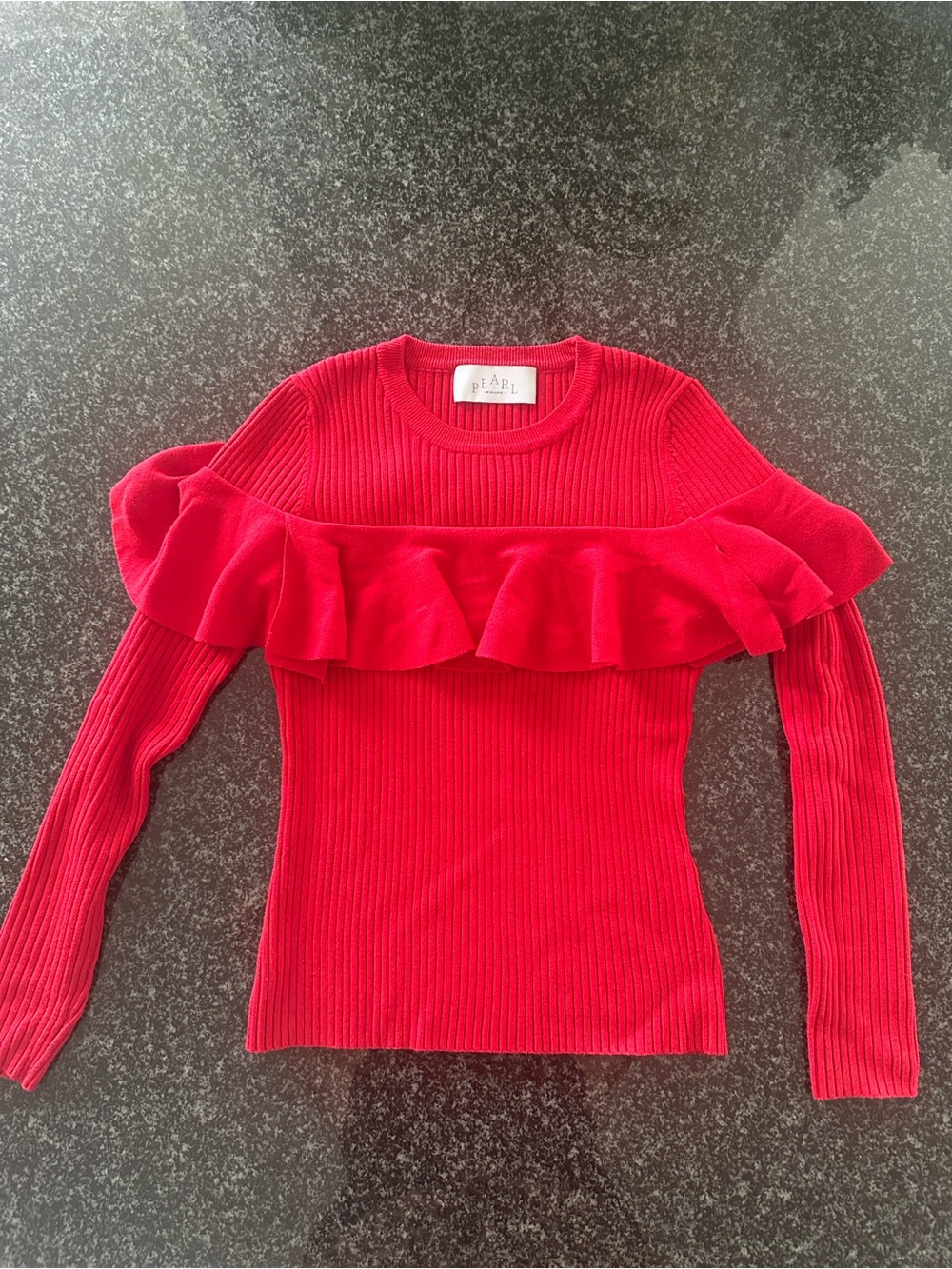 Pearl by Lela Rose Red Ruffle Ribbed Long-Sleeve Sweater. Size Small
